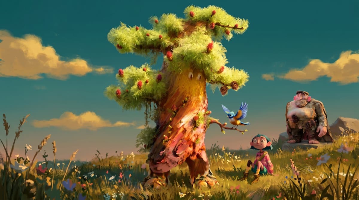 Aldo et l'oiseau, plan large dans la forêt dorée