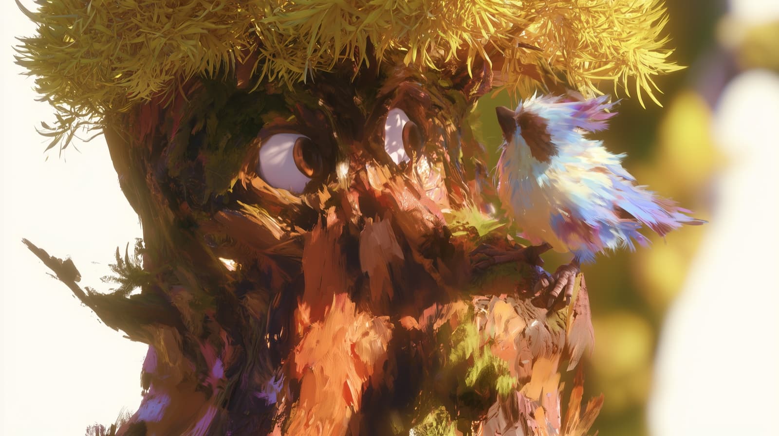 Aldo, le plus jeune des mélèzes, en gros plan avec un oiseau