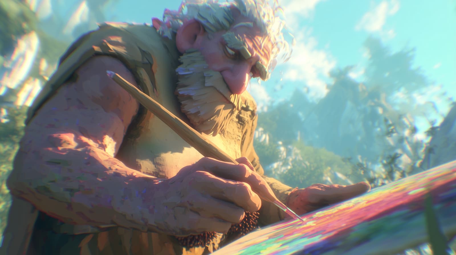 Marcel, le grand-père, peignant sous la lumière de la forêt