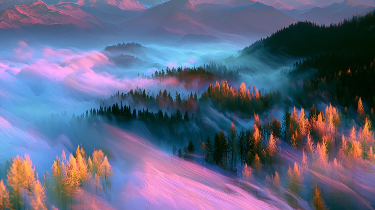 Brume rose et dorée sur les crêtes au crépuscule